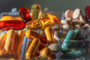 A bunch of supplements in different colors.