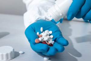 A person pouring tablets on hands while wearing gloves.