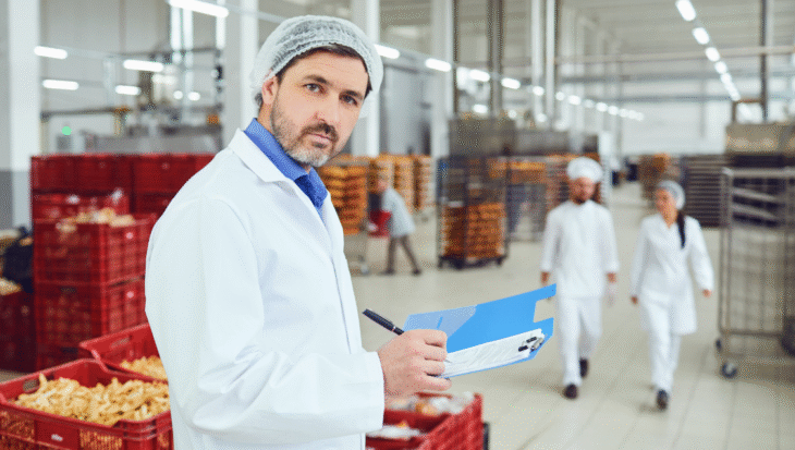 Inspector holding clipboard during a supplement facility inspection in a production area.