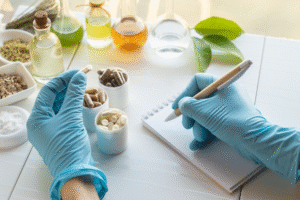 Gloved hands inspecting dietary supplement capsules and herbal ingredients in a lab setting.