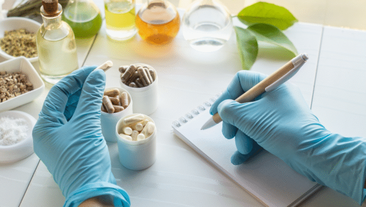 Gloved hands inspecting dietary supplement capsules and herbal ingredients in a lab setting.