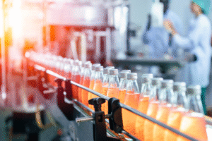 Line of beverages during manufacturing.