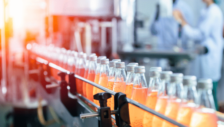 Line of beverages during manufacturing.