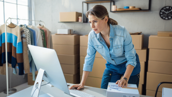 Business owner looking at laptop with boxes of orders behind her.