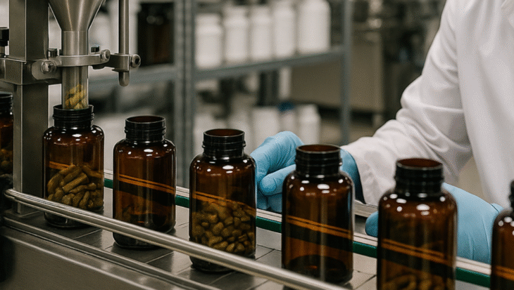 Automated production line filling supplement capsules into brown bottles at a GMP-certified facility.