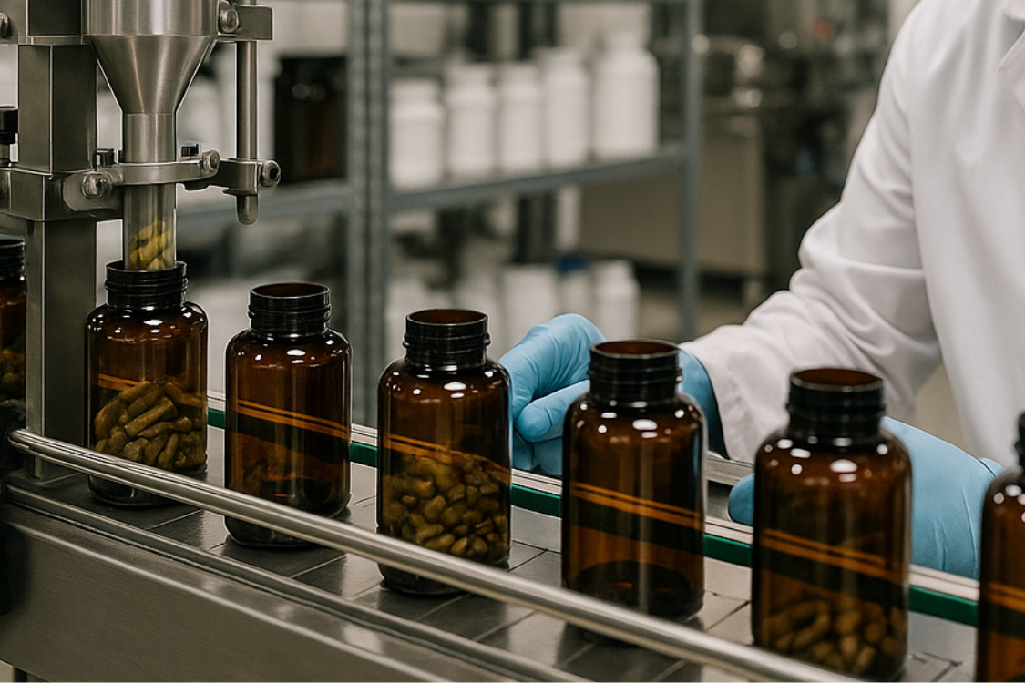Automated production line filling supplement capsules into brown bottles at a GMP-certified facility.
