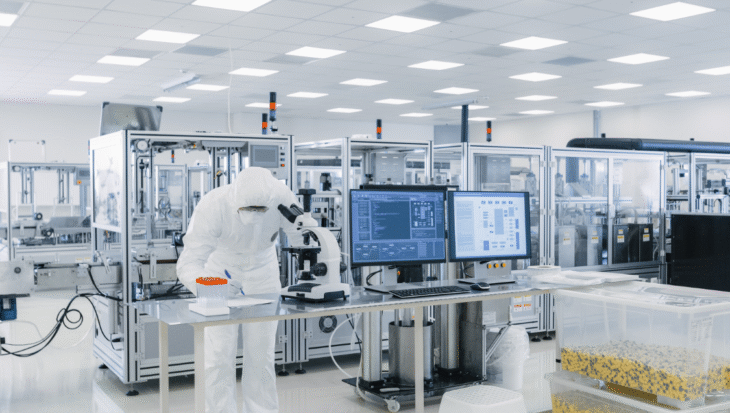 Scientist in cleanroom inspecting supplement samples under microscope at a manufacturing facility.