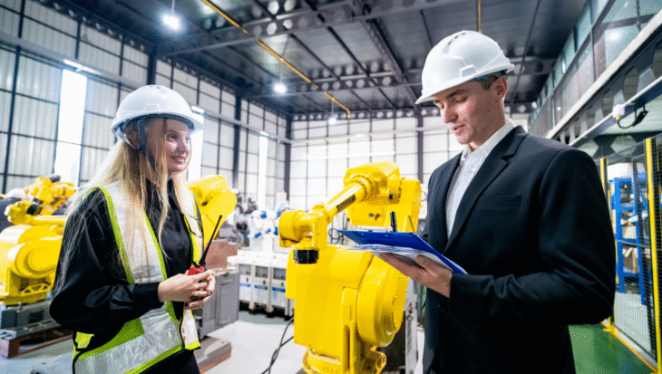 A business professional and a manufacturing facility worker during inspections.