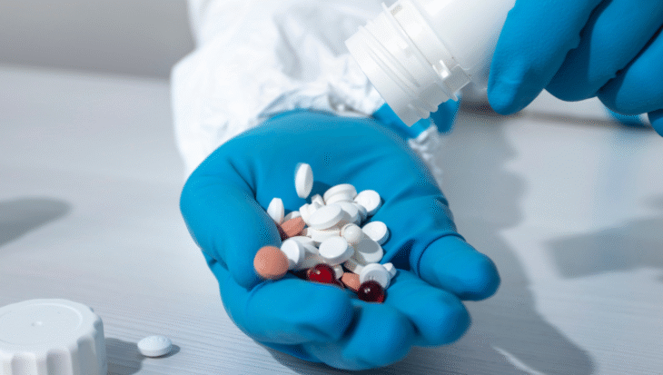 A person pouring tablets on hands while wearing gloves.