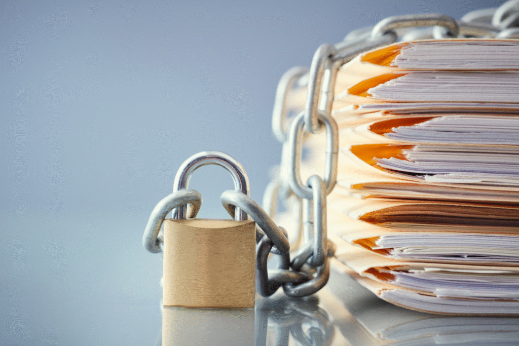 Stack of confidential business documents secured with a padlock and metal chain, symbolizing data protection in a CIM.