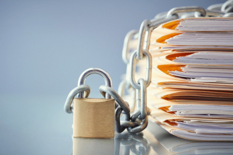 Stack of confidential business documents secured with a padlock and metal chain, symbolizing data protection in a CIM.
