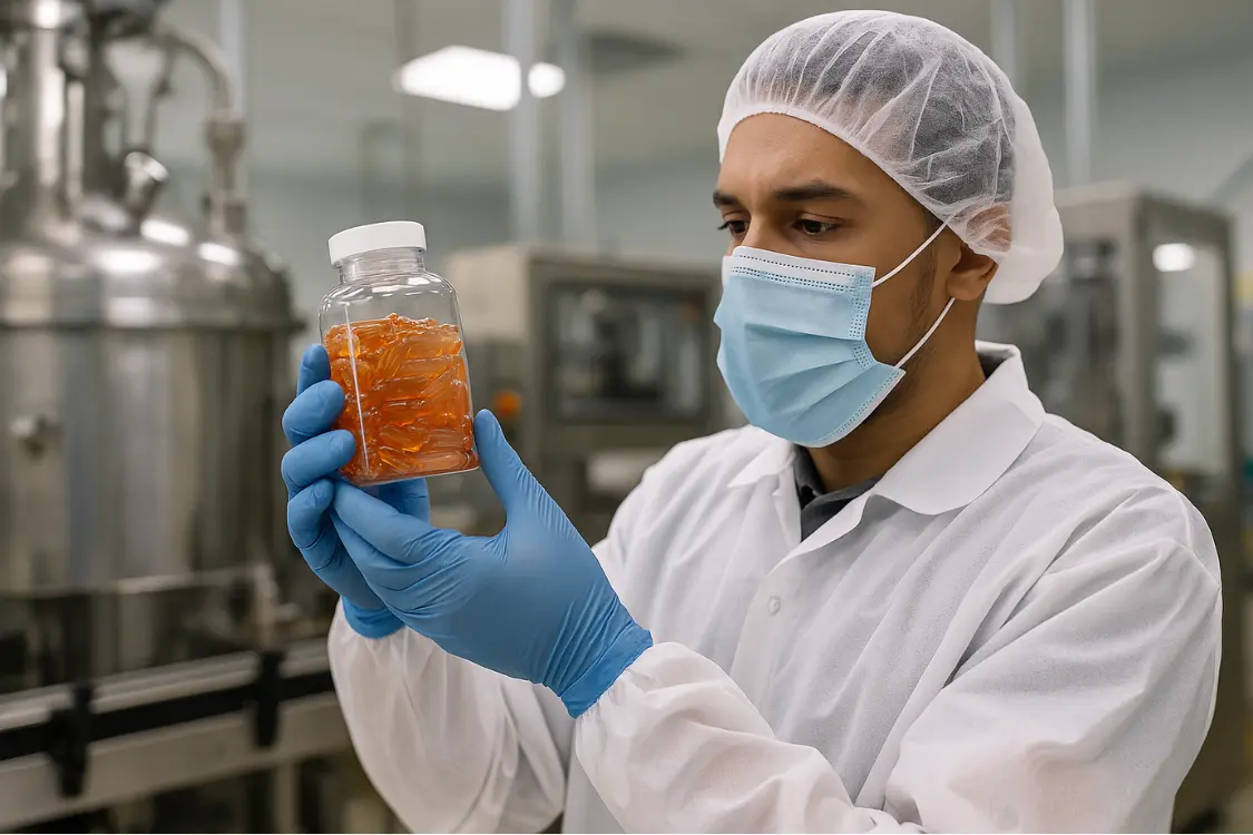 Lab technician evaluating softgel vitamins for quality and compliance in supplement facility