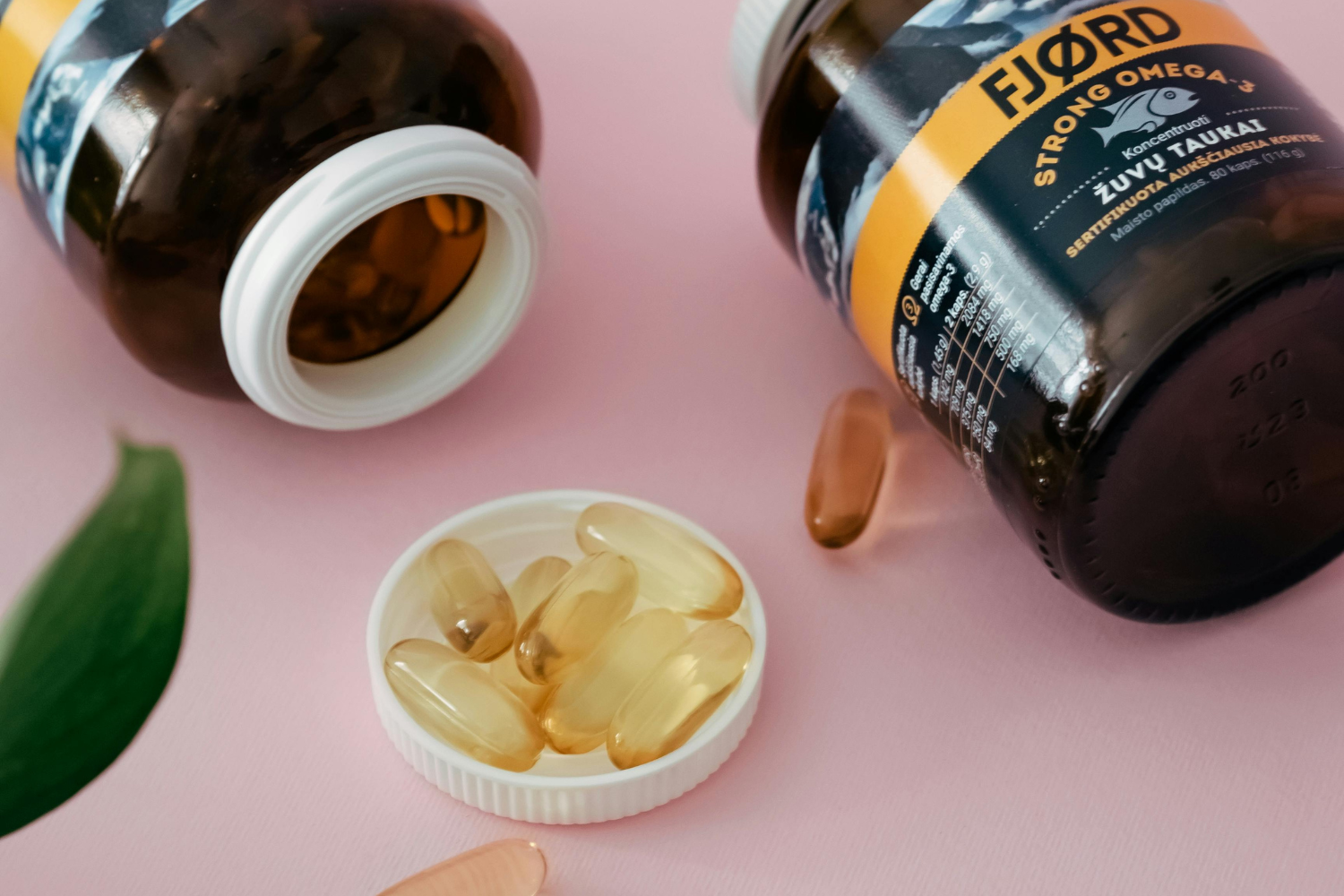 Supplement bottles with complementary color schemes.