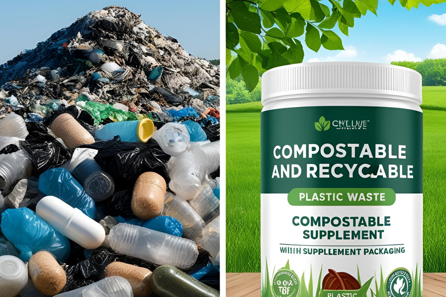 A split-screen image comparing a landfill filled with plastic waste on one side and a clean, green environment with compostable and recyclable supplement packaging on the other.