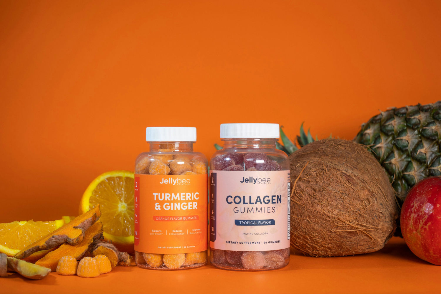 Two supplement bottles with different color schemes.