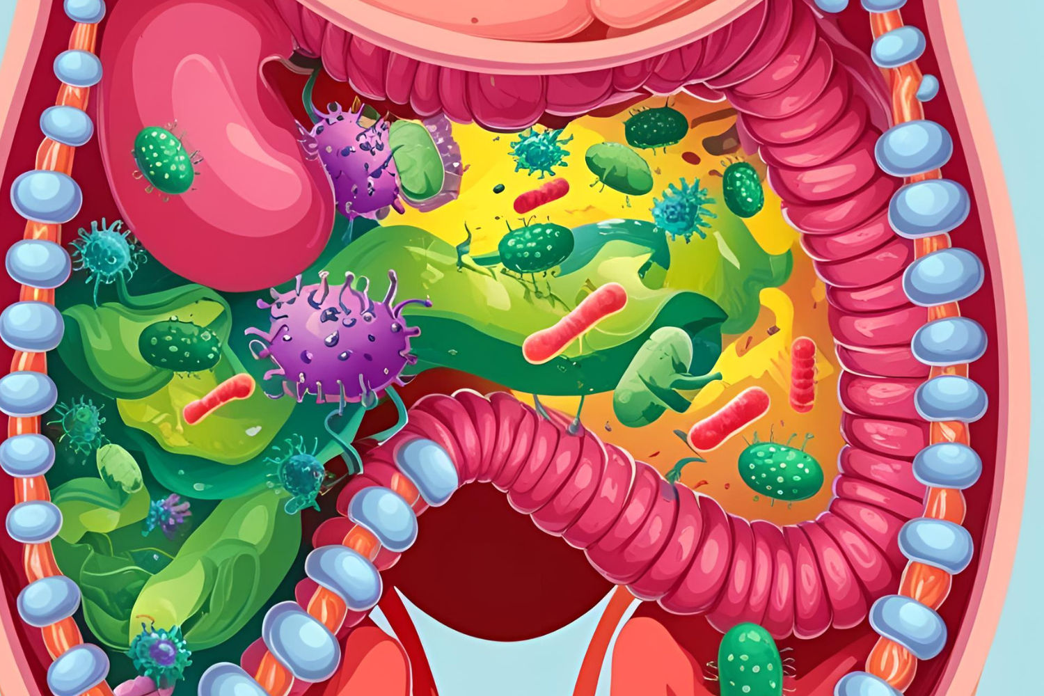 An illustration of probiotics working in the digestive system.