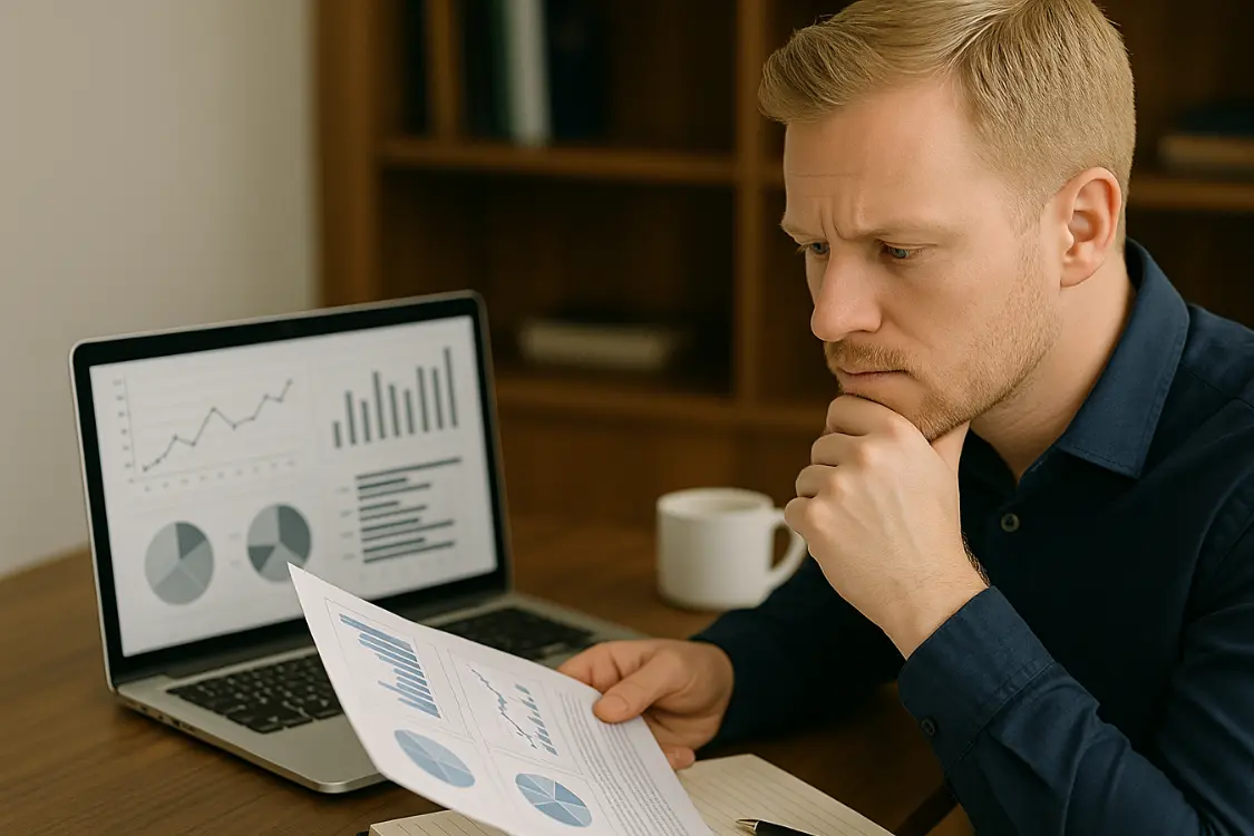 Business professional reviewing supplement manufacturer performance metrics