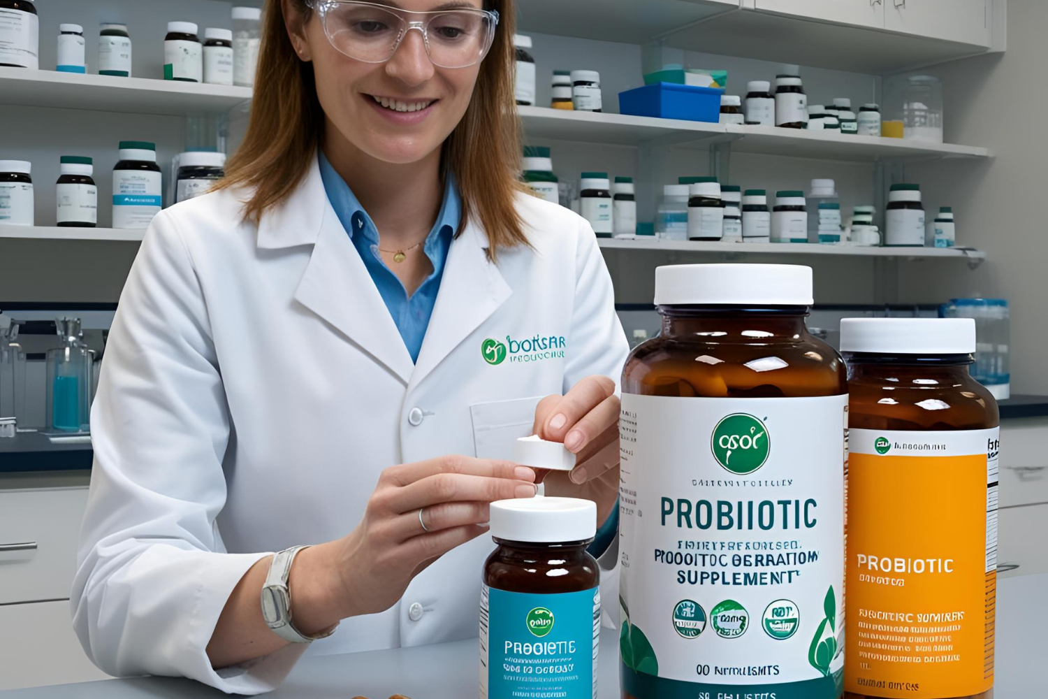 A lab scientist checking probiotic supplements.