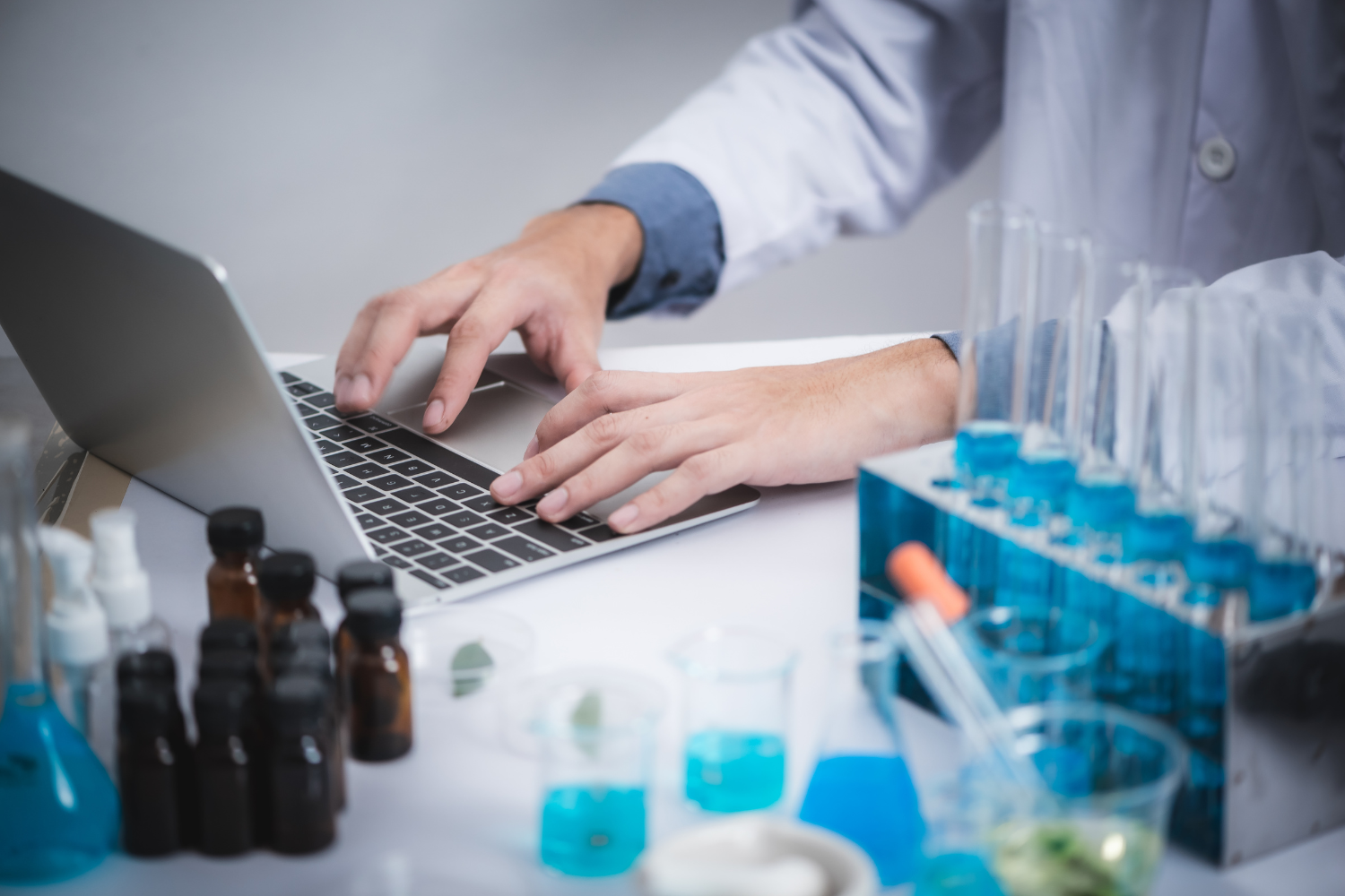A scientist in a lab coat analyzing nutritional data on a digital screen