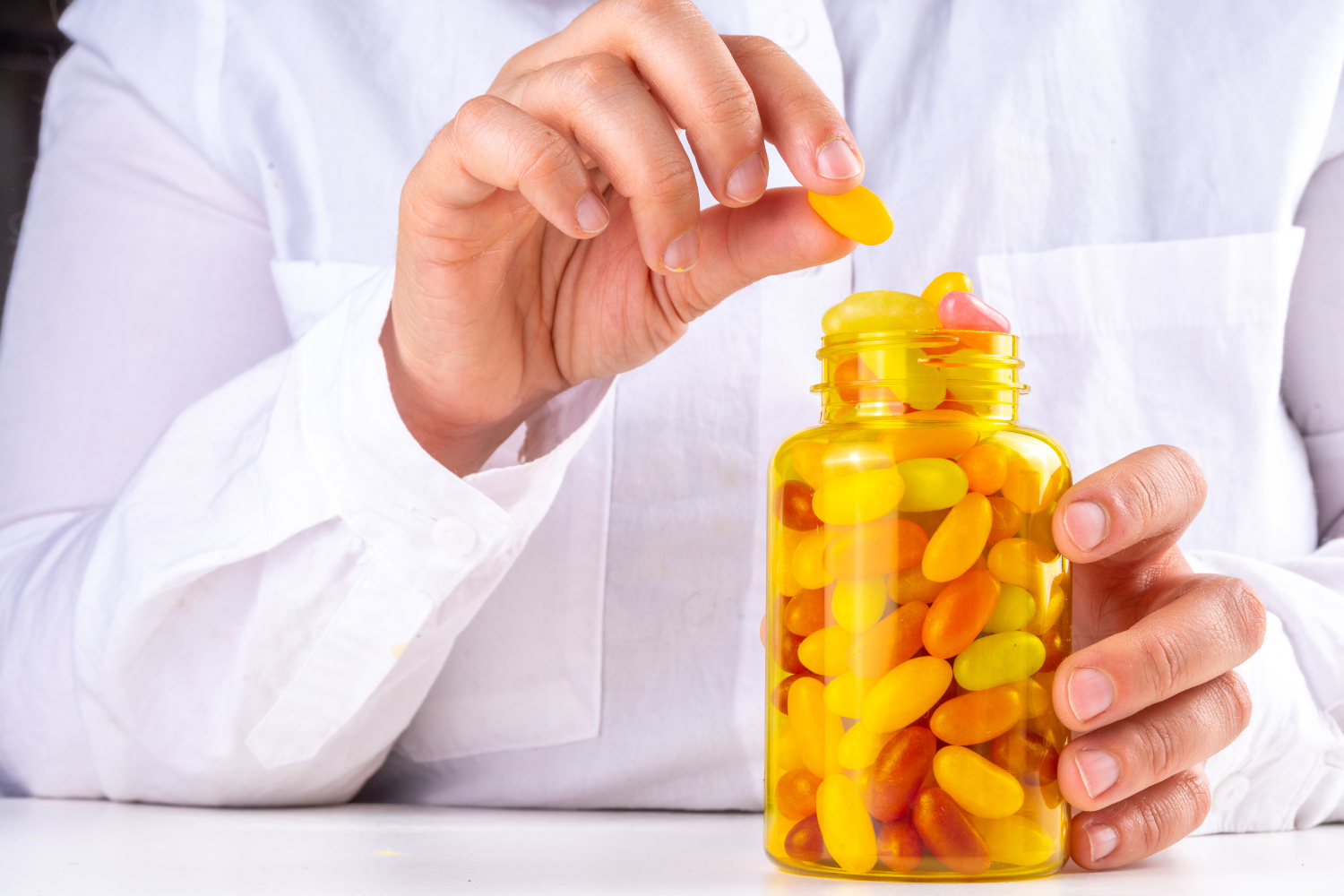 Gummy supplements in a bottle.