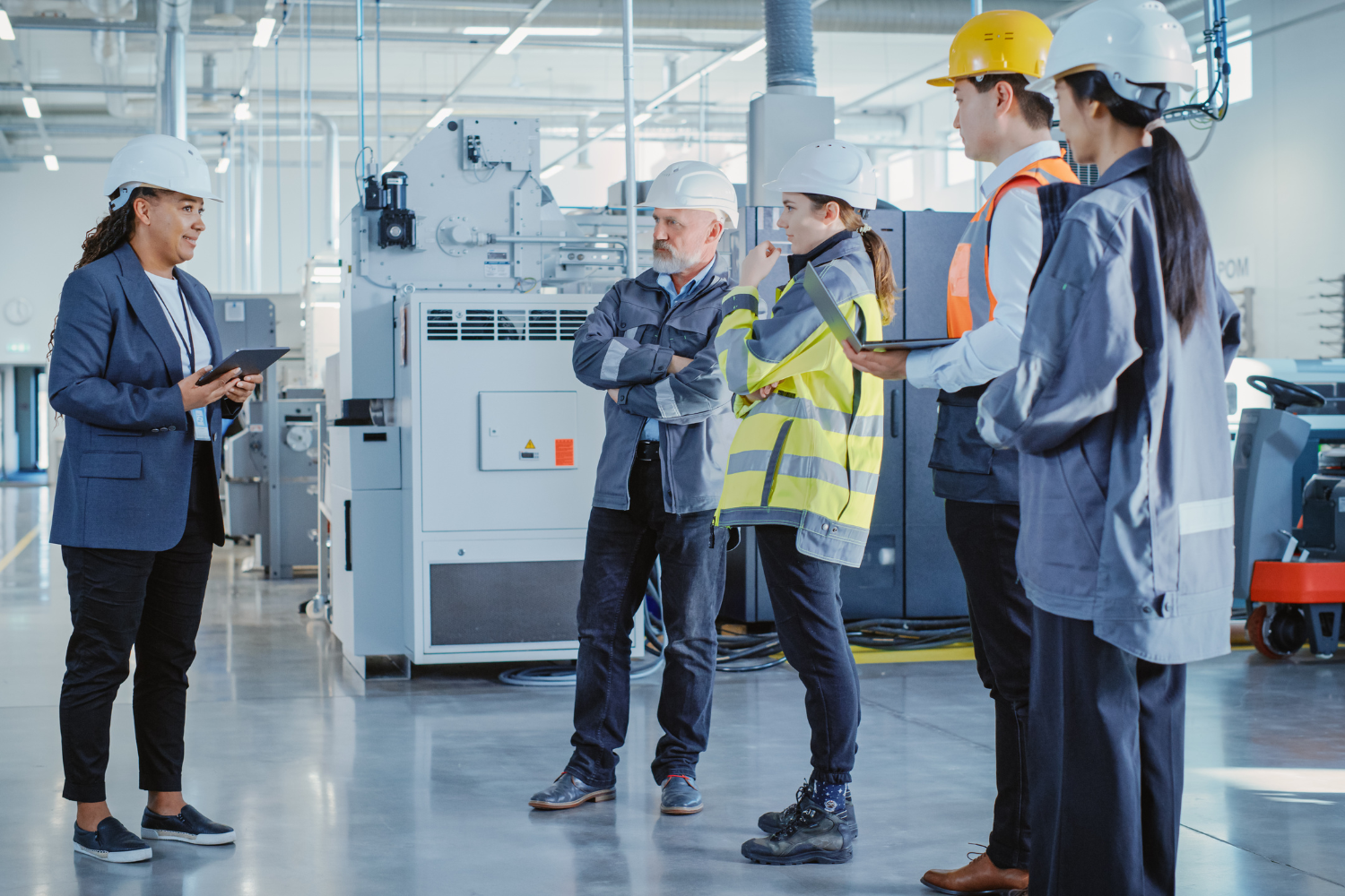 A trainer guiding workers.