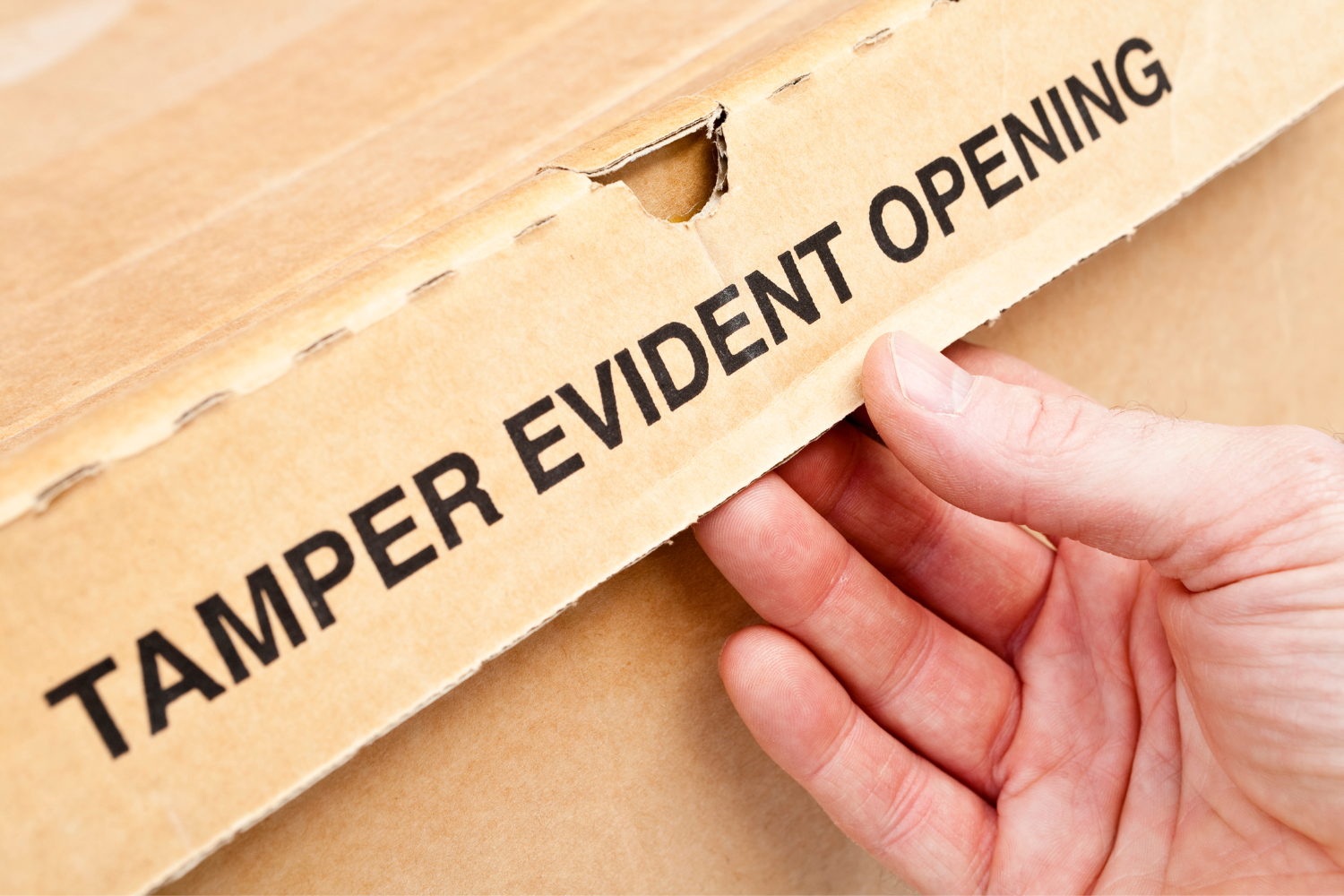 Box with tamper evident written on the opening.