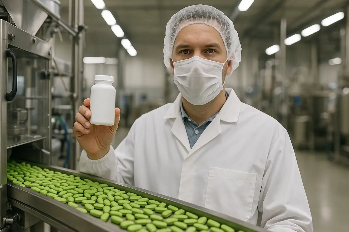Worker inspecting bottled supplements on a production line in a facility