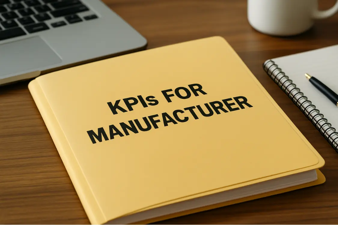 Folder labeled KPIs for Manufacturer next to laptop and notebook