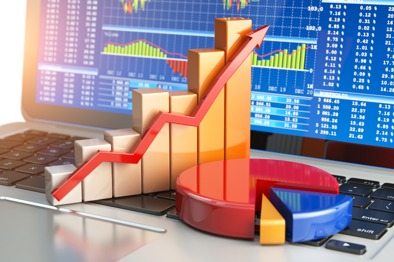 A pie chart and bar graph representing market segments.
