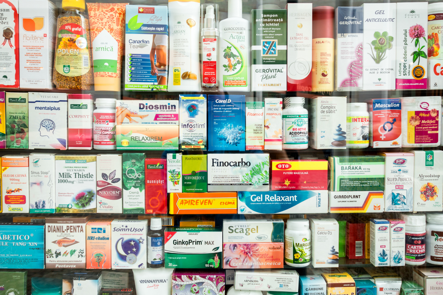 Rows of supplements in a grocery store.