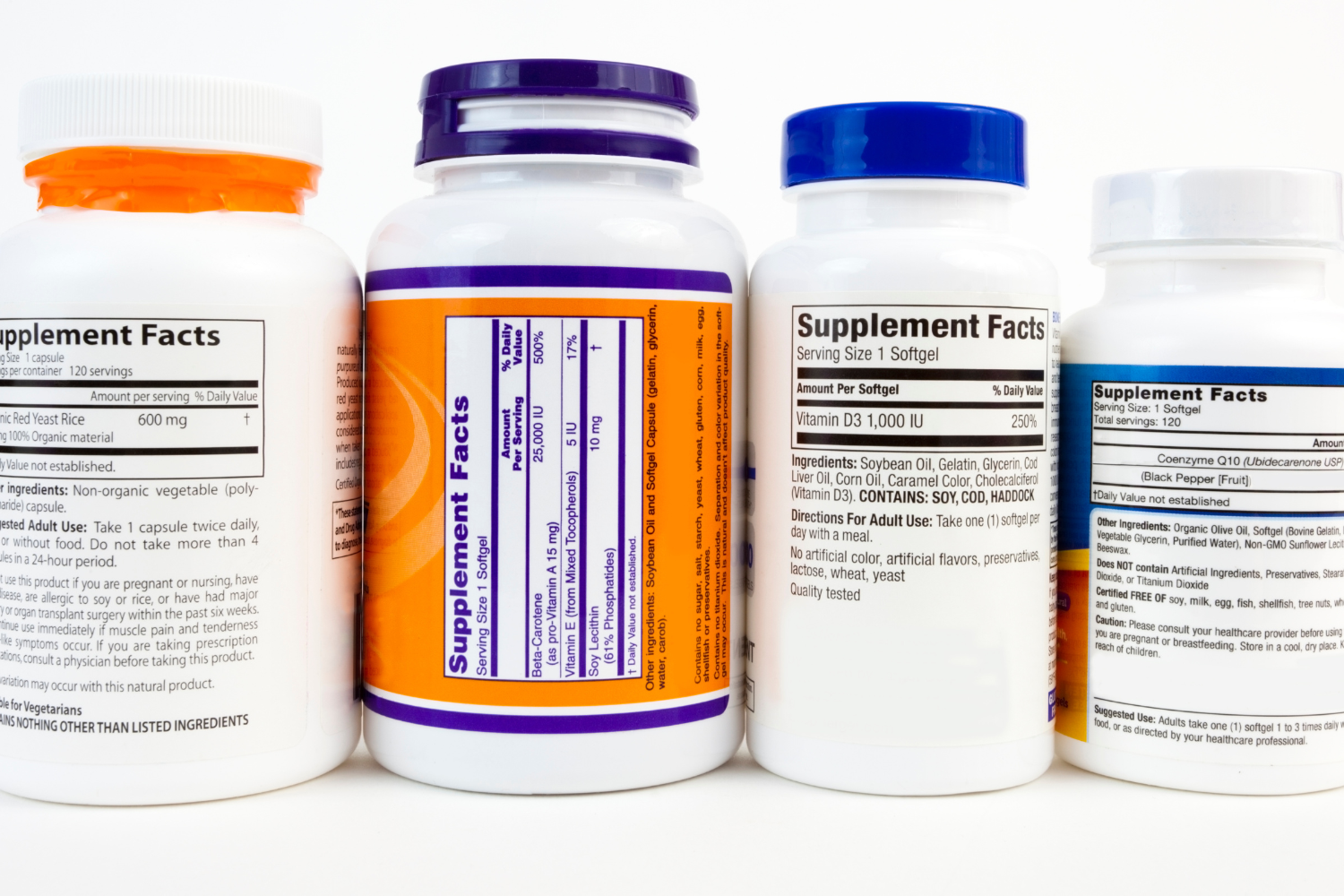 Various supplement bottles with supplement facts label.