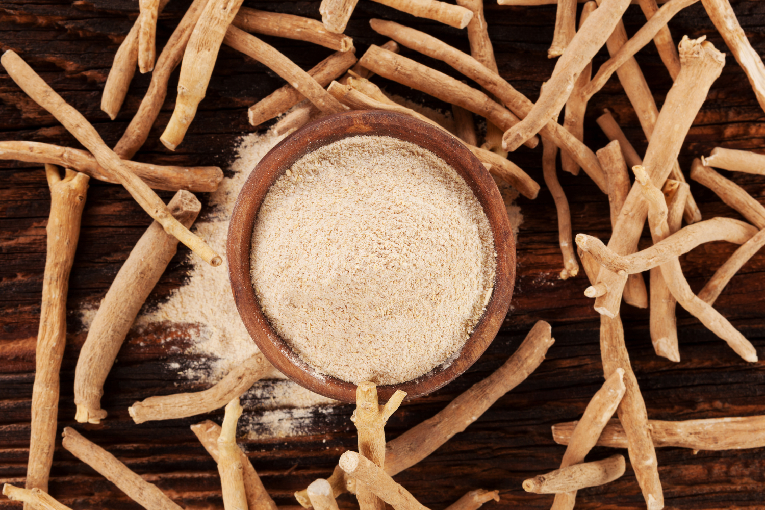 Ashwagandha roots and a bowl of powder.