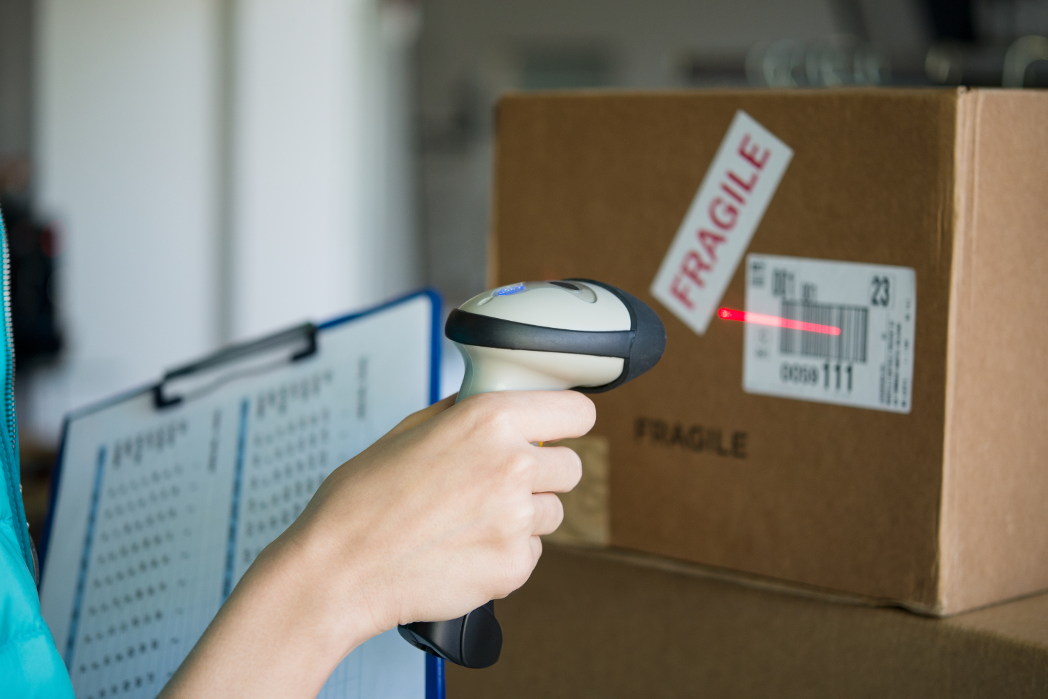A barcode scanner being used.