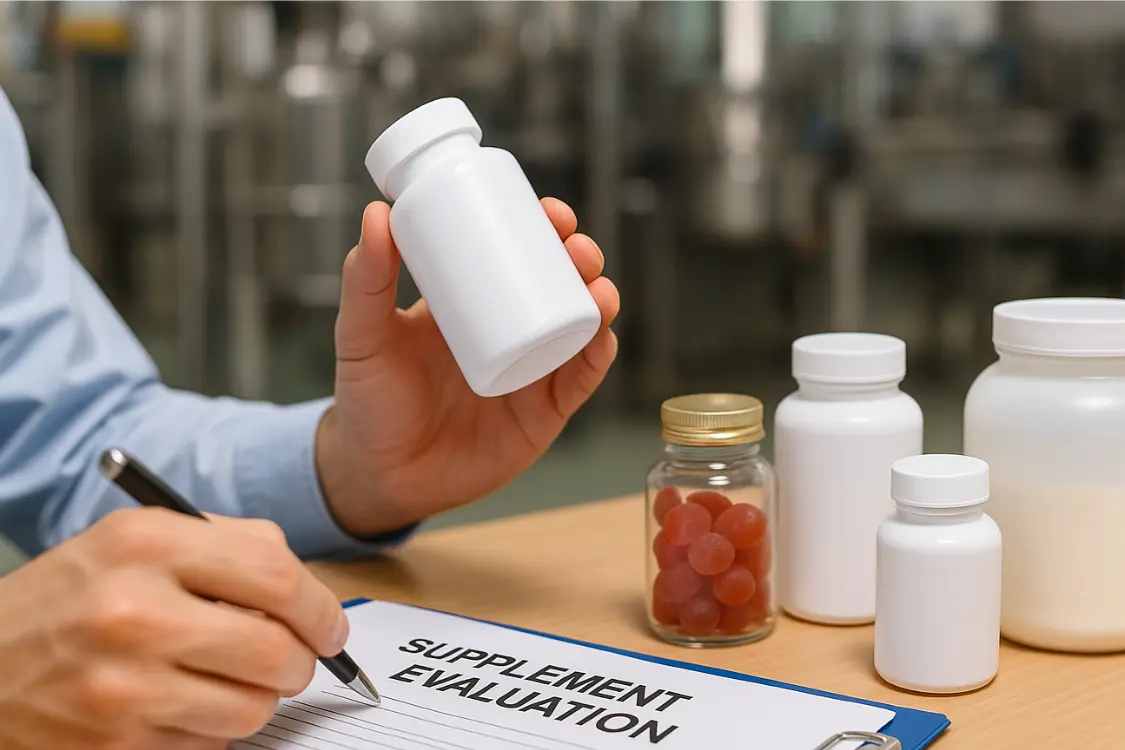 Person reviewing a white supplement bottle with clipboard labeled "Supplement Evaluation"