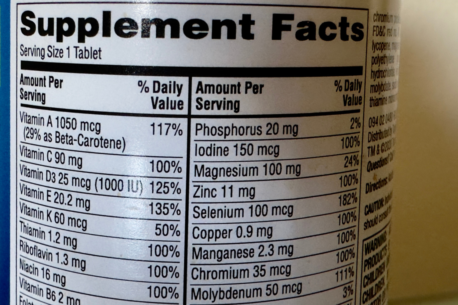 Close up of supplement facts label.