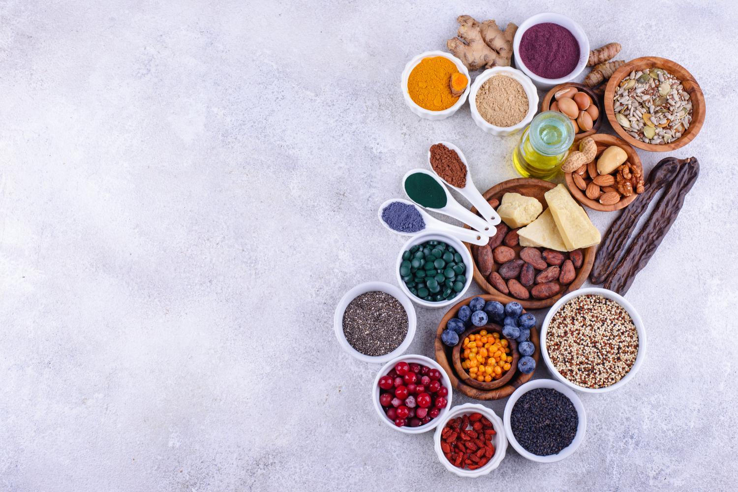 A flat lay of high-quality supplement ingredients.