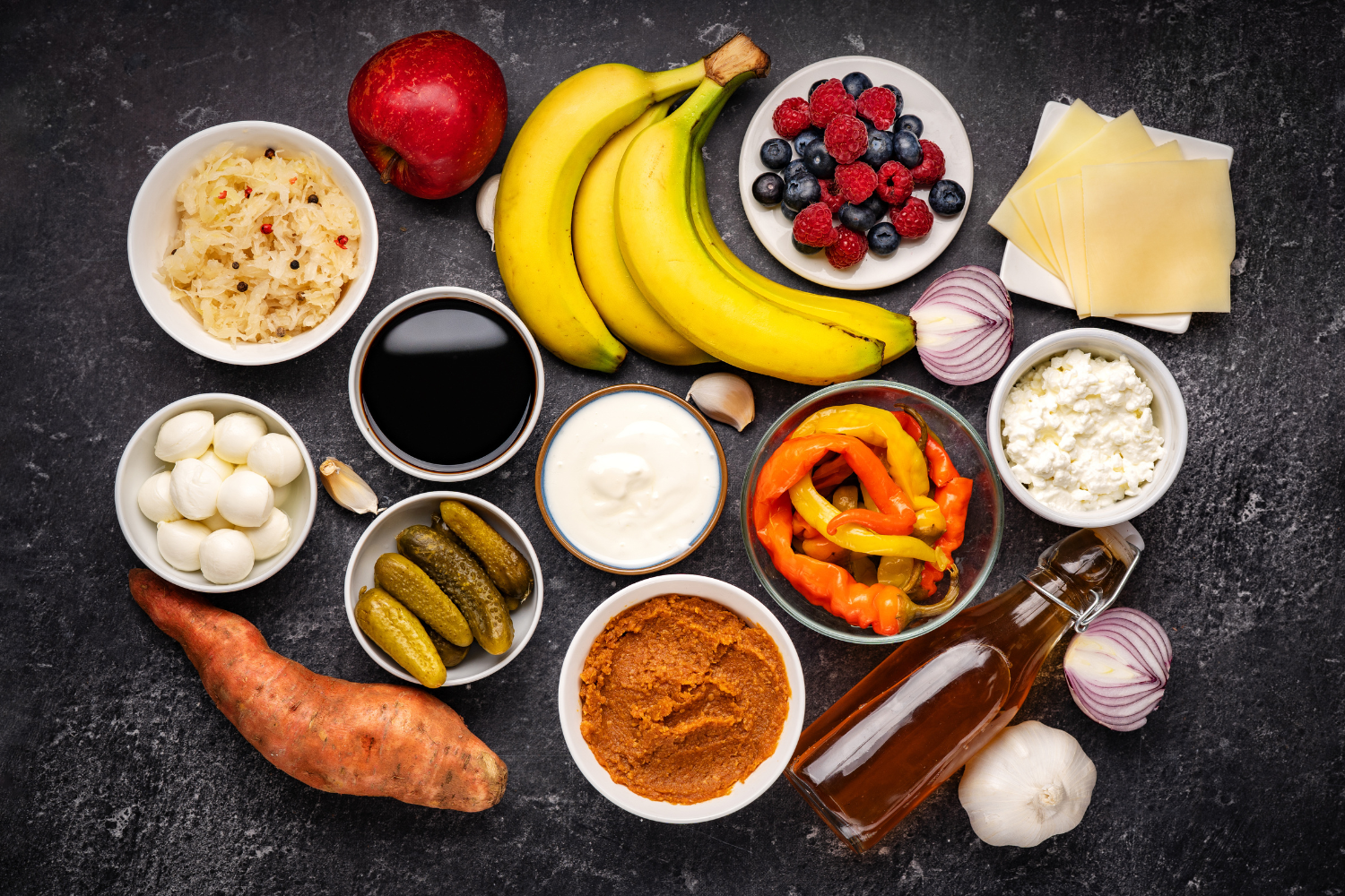 A variety of prebiotic-rich foods.