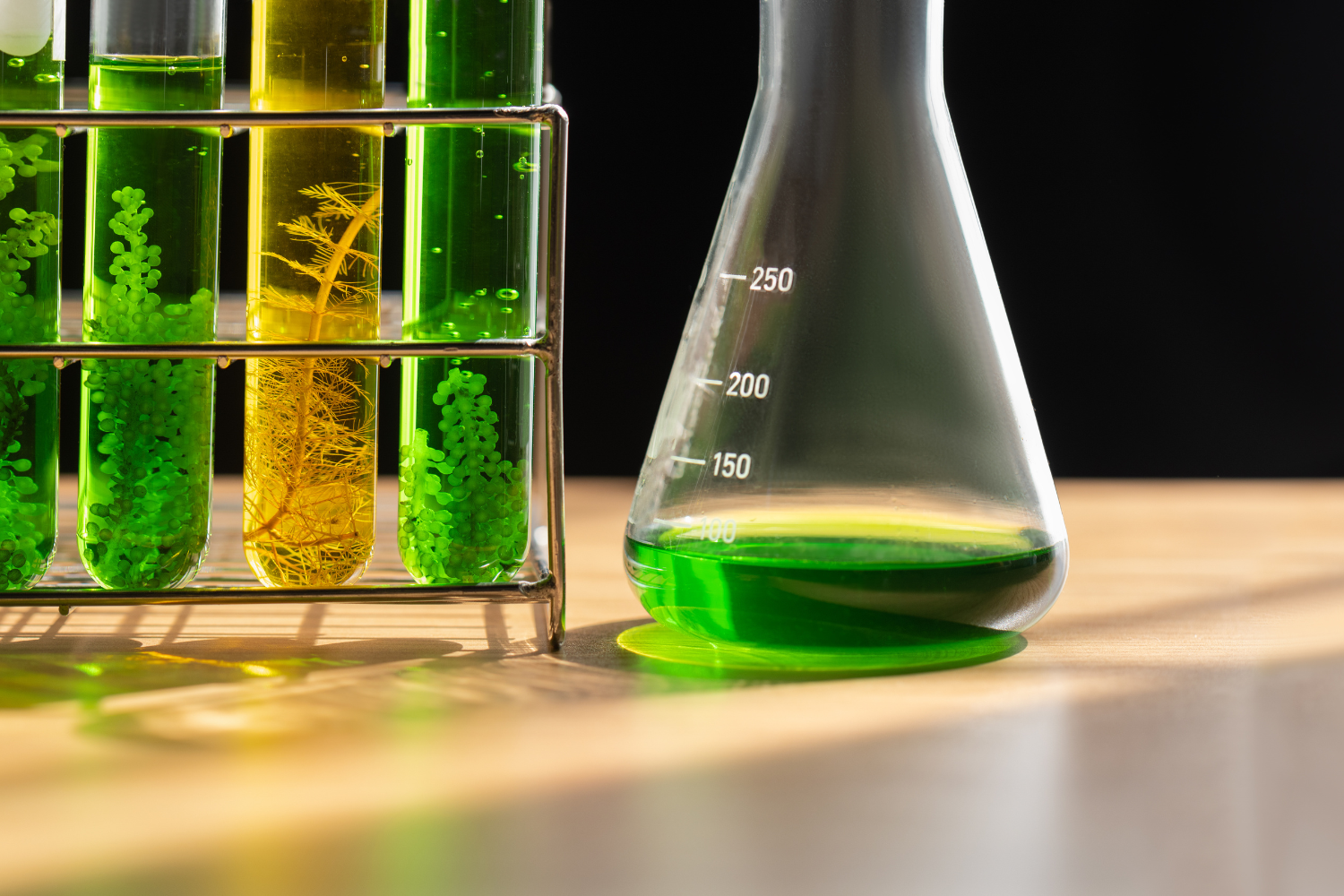 Green oil inside a flask with algaes inside test tubes.