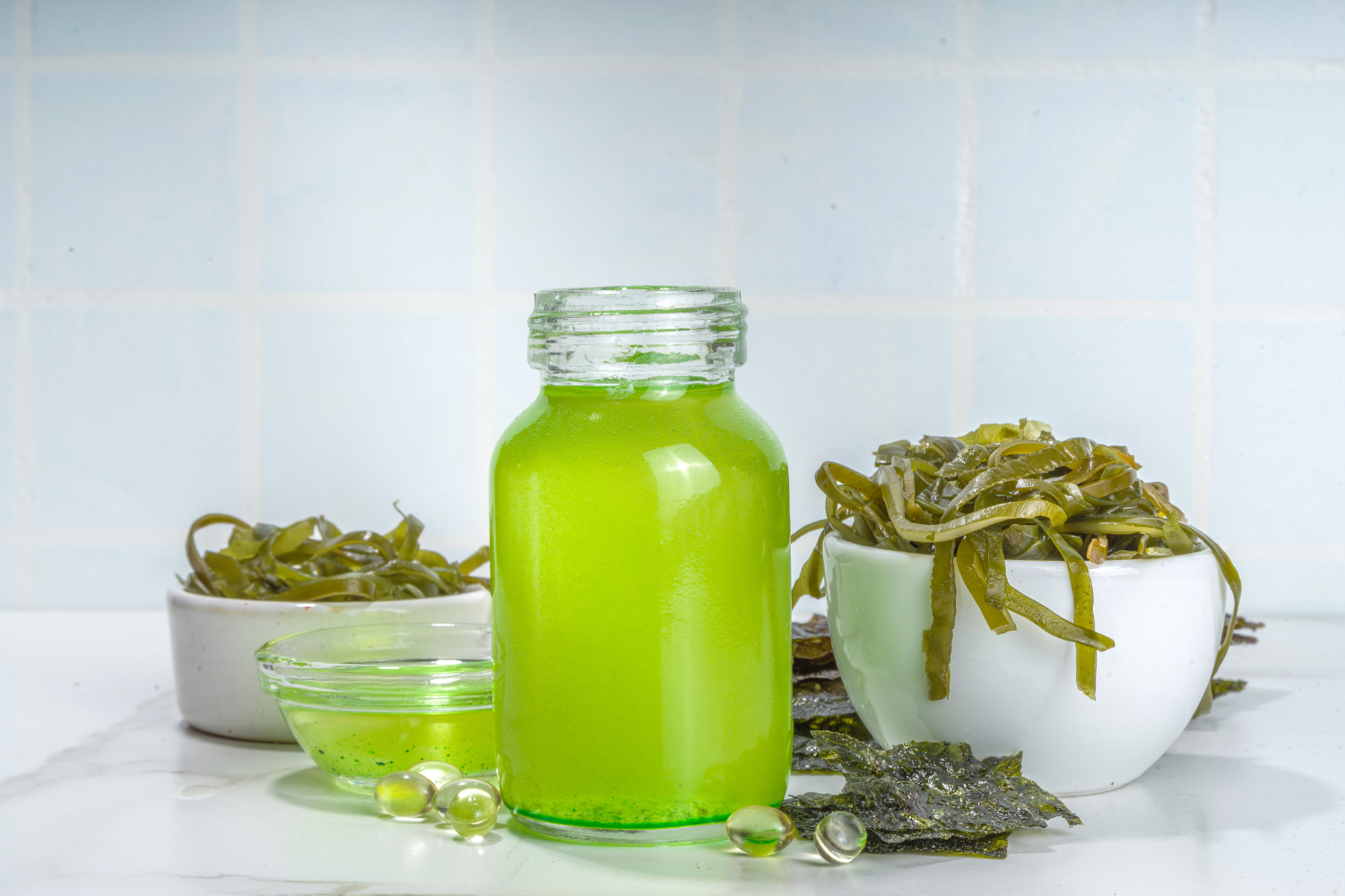A small bottle of algae-based omega-3 supplements next to fresh seaweeds.