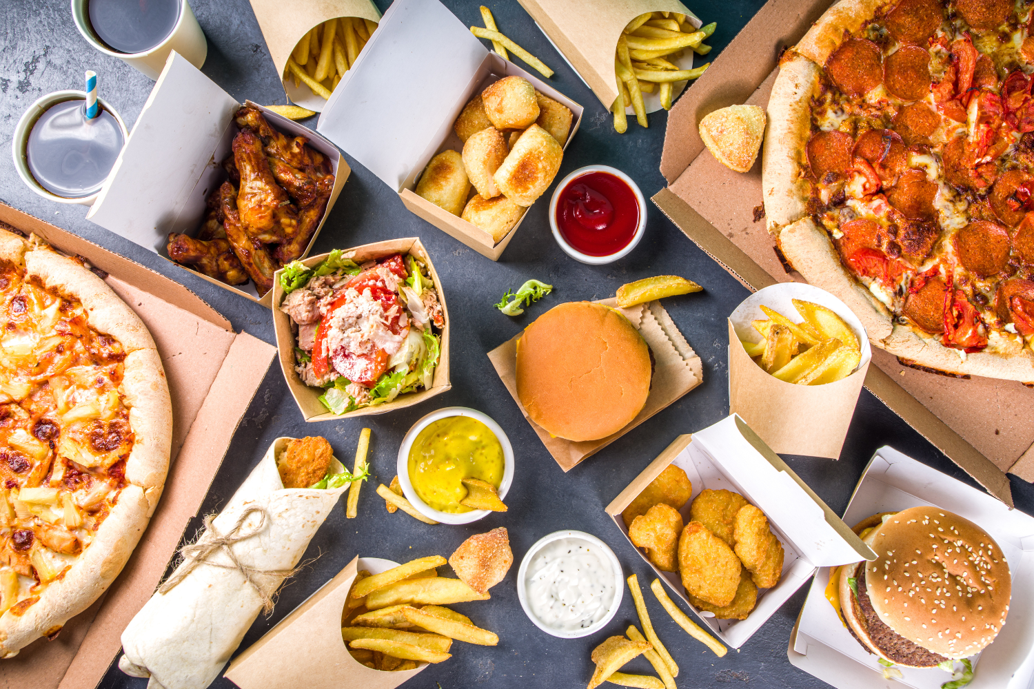 Various types of fast food meal.