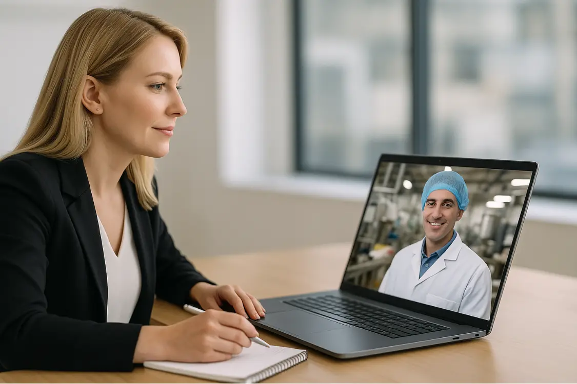 Brand manager in video call with supplement manufacturer to discuss production updates