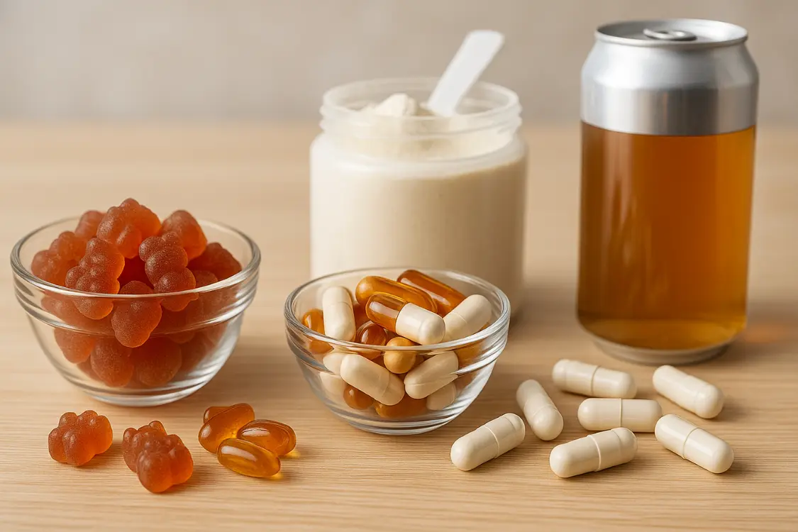 Variety of supplement formats including capsules, gummies, powder, and functional beverage
