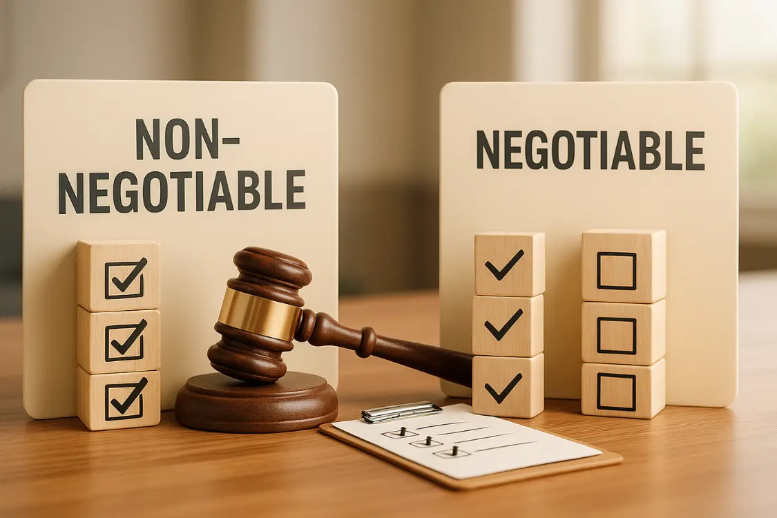Visual comparison of non-negotiable and negotiable factors in supplement manufacturing with checklist blocks