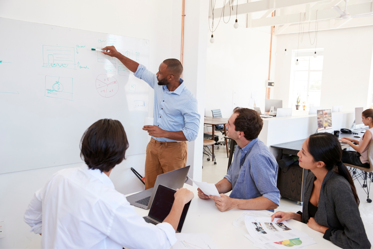 A nutrition professional writing down a branding plan on a whiteboard.