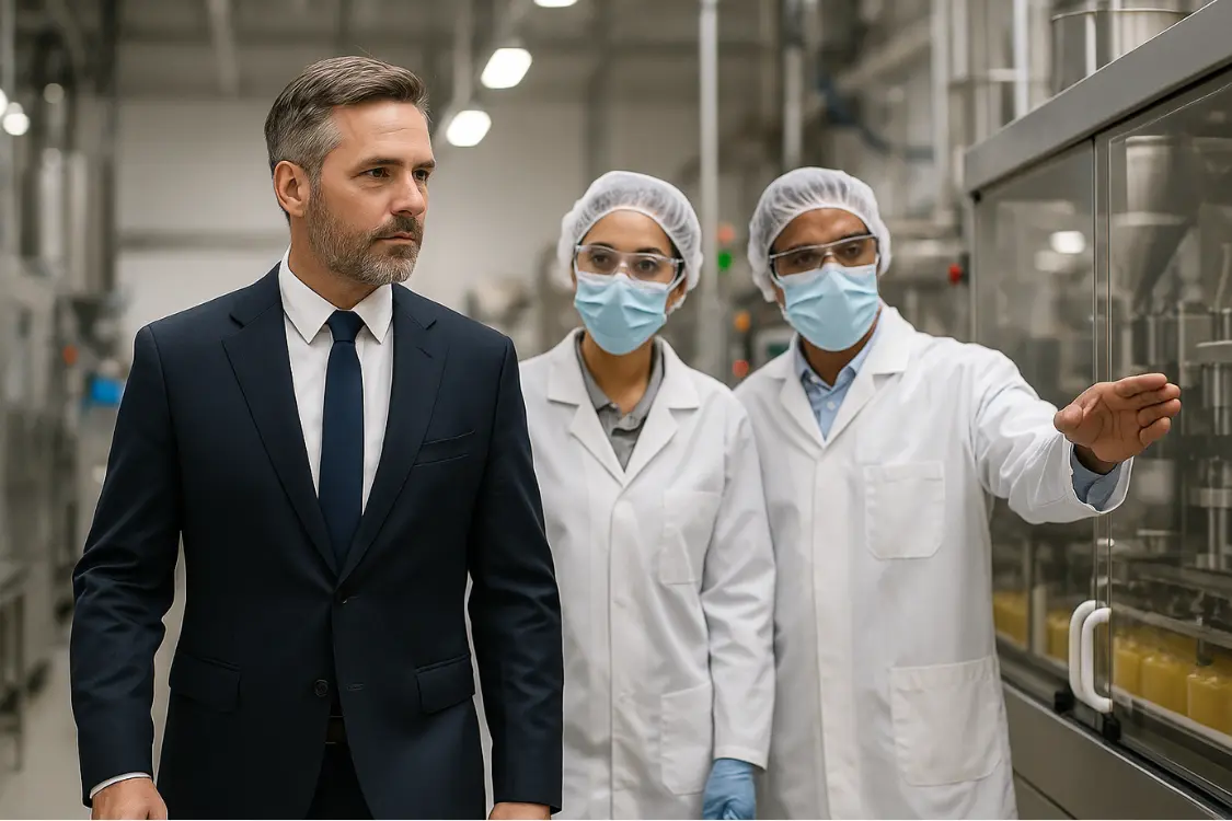 Business executive touring supplement manufacturing facility with lab technicians in protective gear