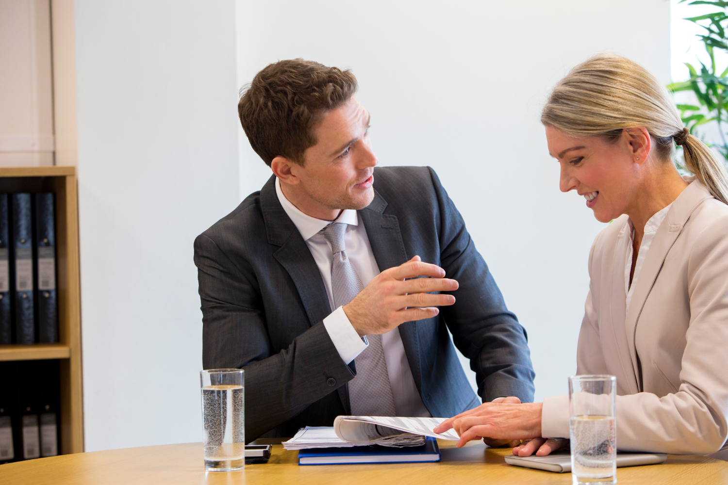 A business meeting between two professionals.