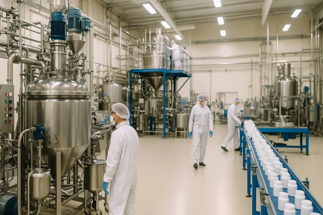 Supplement manufacturing facility with workers in clean suits and equipment for supplement production