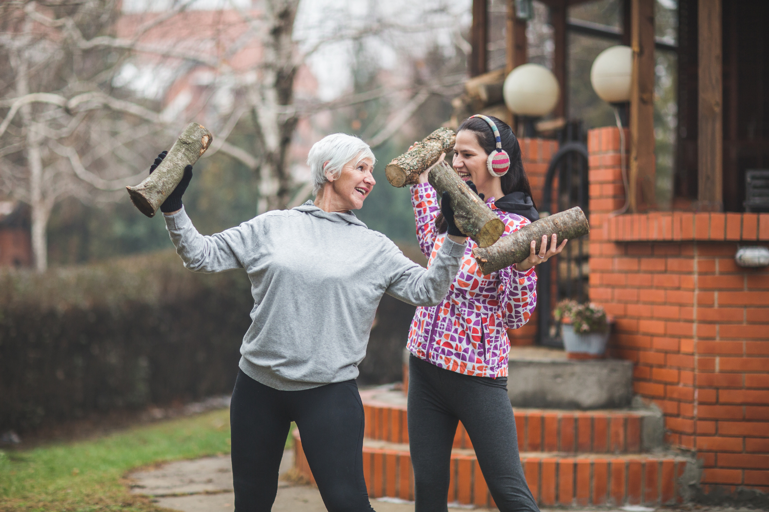 Elderly and daughter doing some chores, signifying their better endurance.