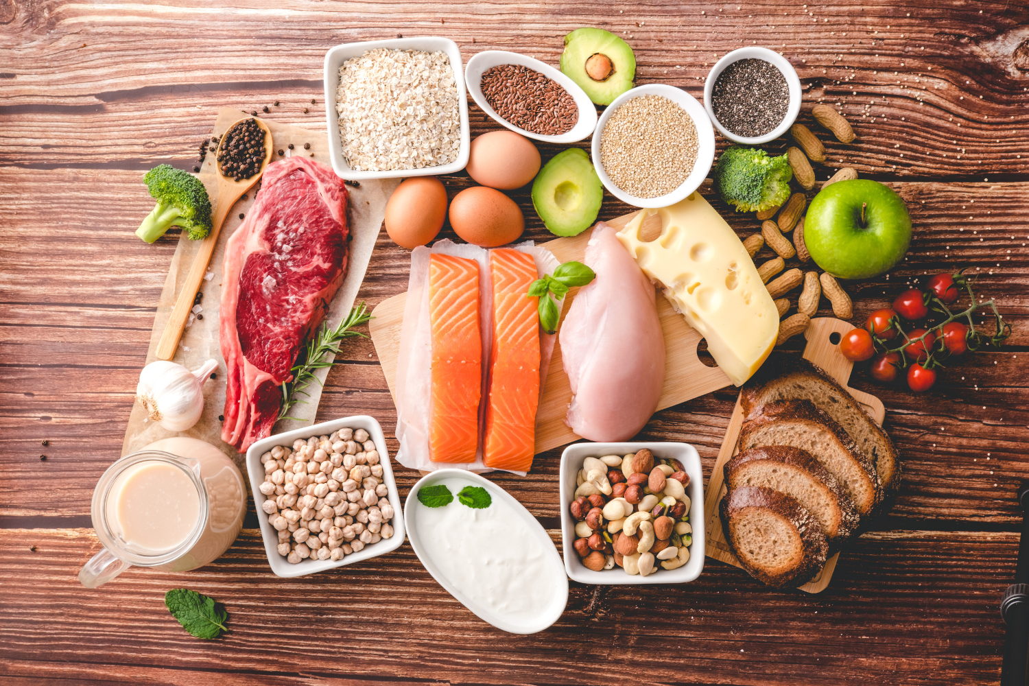 Food sources of proteins, carbohydrates, and fats.