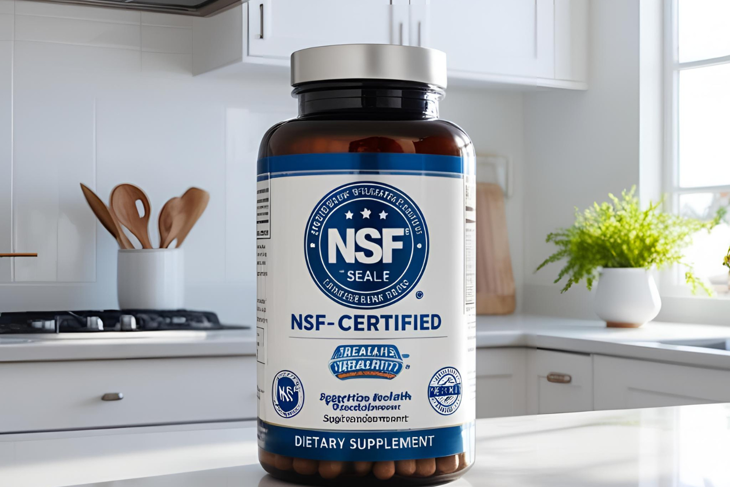 A supplement bottle with an NSF-certified seal.